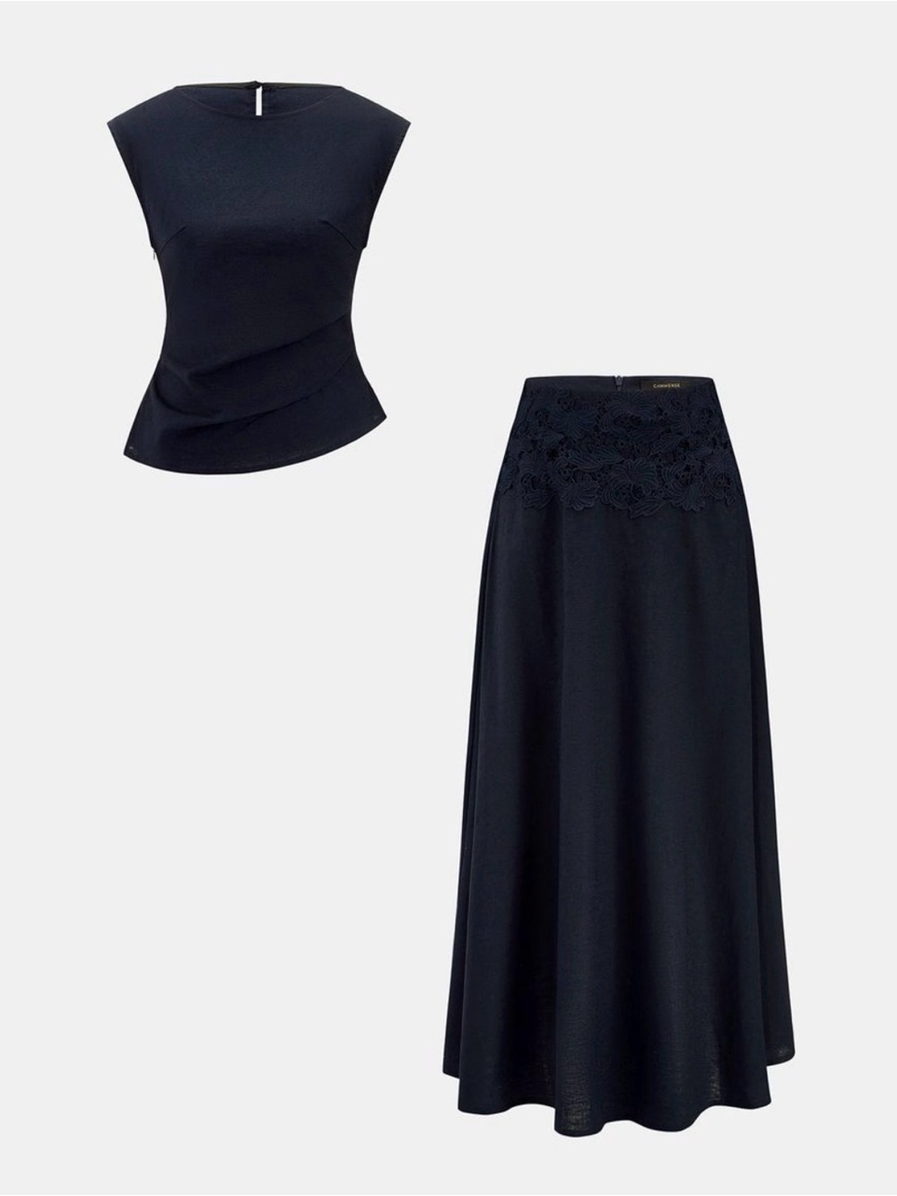 Commens Cotton Linen Top & Lace Waist Skirt set Blue - Picture 2 of 12